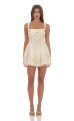 Floral Gold Sequin Fit and Flare Dress in Ivory