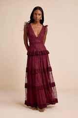 Marvelous Darling Burgundy Ruffled Tiered Maxi Dress