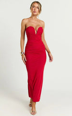 Gianni Maxi Dress - Plunge Ruched Mesh Column Dress in Red
