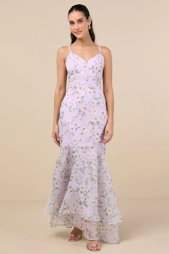 Pure Splendor Lavender Floral Organza Trumpet Maxi Dress