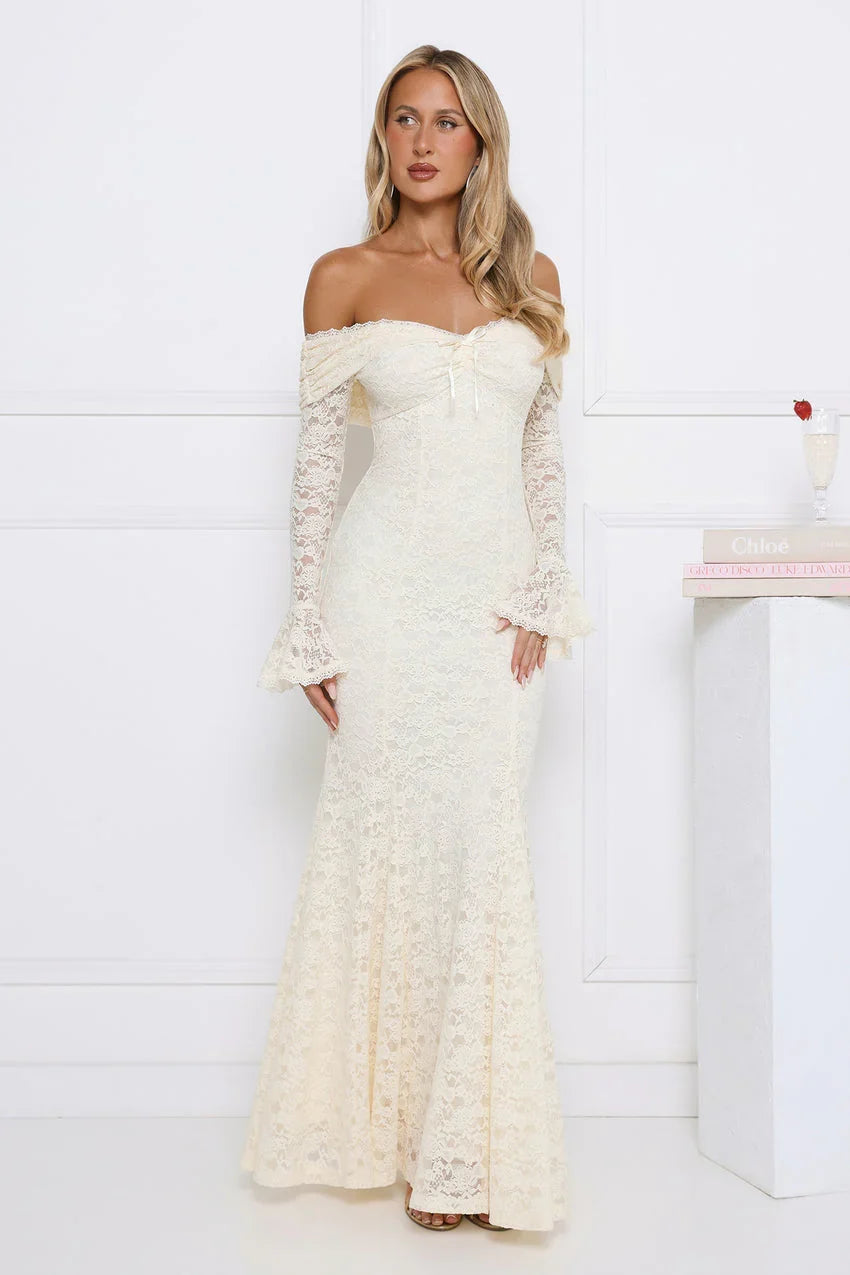Laced Up Luxe Off Shoulder Maxi Dress Cream