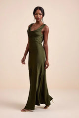 Aernah Olive Satin Cowl Tie-Back Slip Maxi Dress