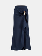 Asymmetric Ruffle Metal Detail Satin Maxi Skirt