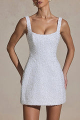 Embellished Structured A-Line Mini Dress In White